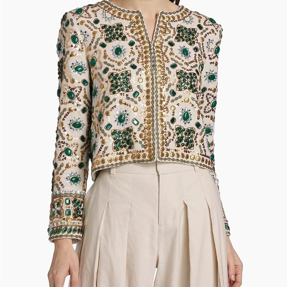 Alice + Olivia Kidman Cream Jacket with Green and Gold Embellishments - Picture 5 of 5